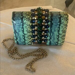 Green Snakeskin Clutch with Gold Removable Chain